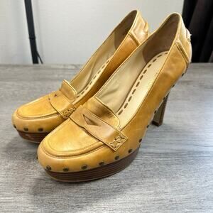 Enzo Angiolini Platform Penny Loafer Pumps with Gold Studs Heels Tan 9